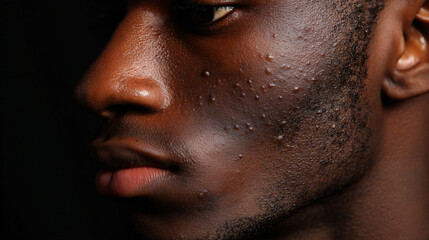 Close up of dark male skin with situation acne marks, dermatology armory photo, professional kindling