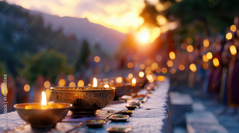 Aufkleber serene scene of illuminated bowls with candles, creating warm atmosphere during sunset. soft glow en