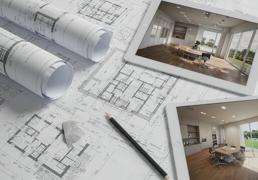 Architectural blueprints and digital renderings on tablets showing interior design