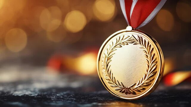 A golden medal wrapped with a red ribbon, ideal for sports and award ceremonies