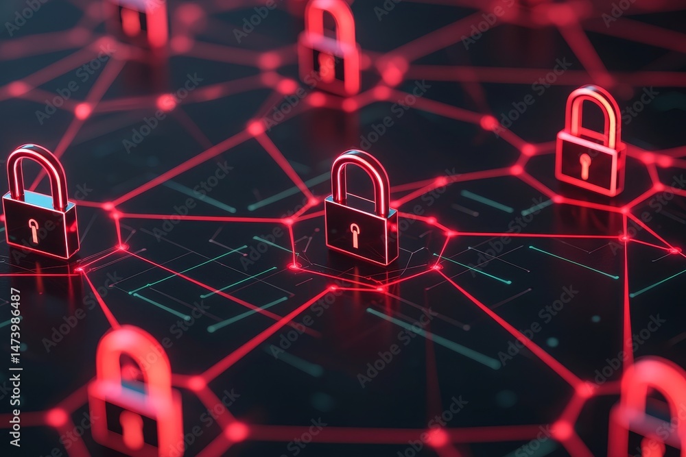 Poster digital network with glowing locks symbolizing cybersecurity concepts. digital literacy and cybersec