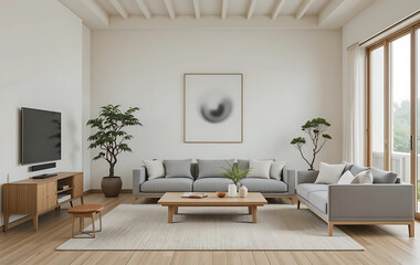 Fototapeta premium Japandi-style living room with minimal oak furniture, off-white walls, and a low-profile gray sofa. Muted tones and bonsai-style greenery bring a Zen-Scandinavian balance.