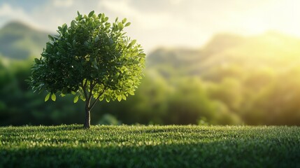 Obraz premium Lone tree against a sunlit landscape with green hills in the background. Rain tree with oxygen concept.