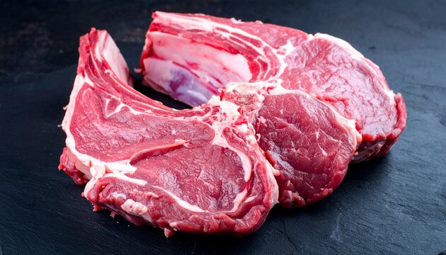 Close Up of Raw Bone In Ribeye Steaks. Raw ribeye steaks with marbled fat are arranged on a dark slate surface. The vibrant red meat contrasts with white fat and the dark background.