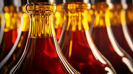 Elegant row of wine bottles with amber and red reflections, a sophisticated still life of refined taste.