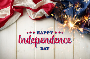 Happy Independence Day Card - Usa Flag With Sparkler On White Wooden Plank