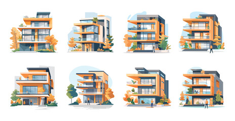 Town house apartments cartoon vector set. Modern architecture buildings countryside life nature trees elements illustrations isolated on white background