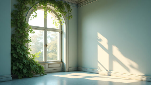Serene dusty periwinkle corner cyclorama bathed in gentle sunlight illuminating delicate green ivy, creating a tranquil and inviting indoor sanctuary ambience