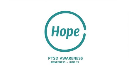 Circular logo design featuring the word "Hope" in a modern font, emphasizing PTSD awareness with a teal color scheme and a date for awareness campaign