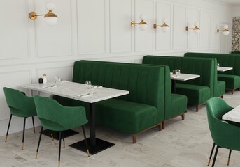 Restaurant interior with green booths and marble tables, ready for service
