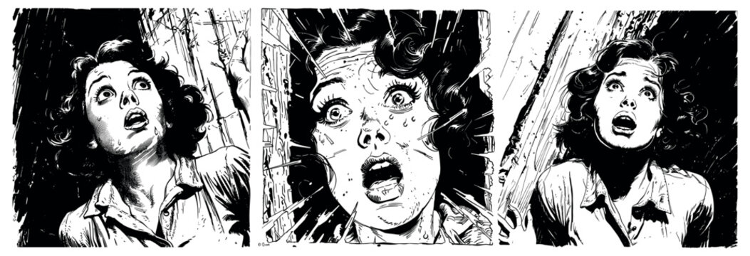Woman maniac fleeing ink sketch vector scenes. Actions fear horror tears scream close up face anxiety alarm character plot frame comic book old retro scary movie concepts, vintage illustration