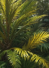 Intricate palm fronds, vibrant greens & yellows, sunlight dappled, palm frond, background