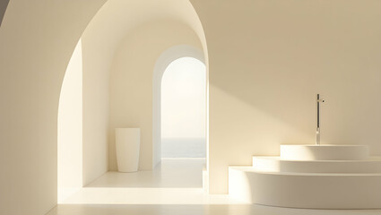 Serene Interior with Arched Passages and Coastal Vista, A Minimalist Composition Evoking Tranquility and Peaceful Ambience in a Sunlit Environment