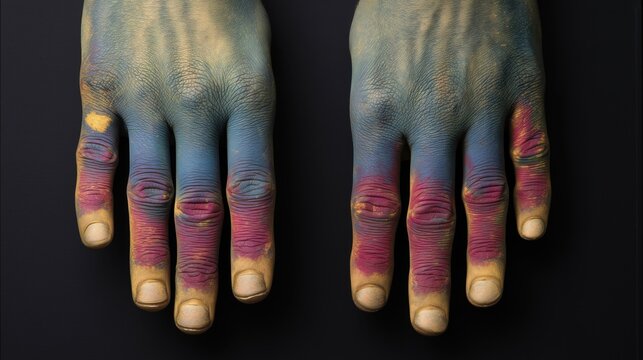 National Scleroderma Awareness Month. medical photography documenting Raynaud's phenomenon in scleroderma patient, showing distinctive tri-color pattern on fingers 