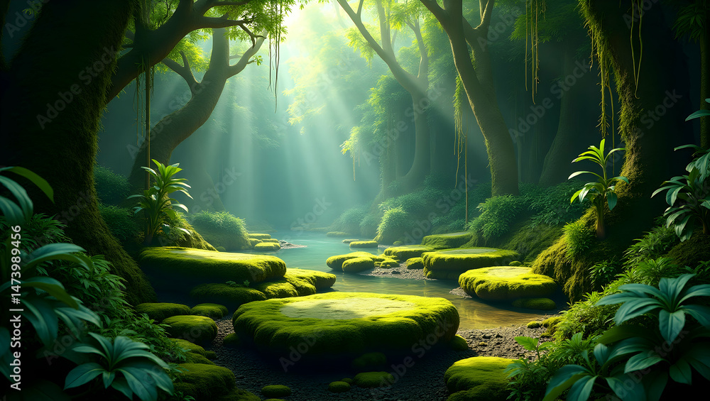 Poster serene jungle river scene with vibrant greenery and sunbeams filtering through the dense canopy, cre