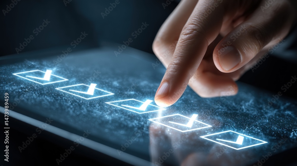 Poster digital checklist: completing tasks on a futuristic tablet