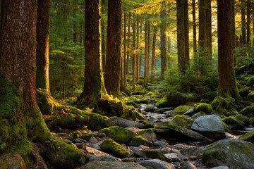 Obraz premium A Symphony of Sunlight and Shadows Dancing through the Enchanted Forest's Emerald Glades