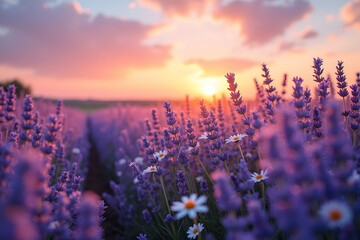 Serene Lavender Field at Sunset, A Tranquil Scene of Purple Blooms Swaying Gently Under a Warm Sky, Evoking Peace and Natural Beauty with its Floral Vista