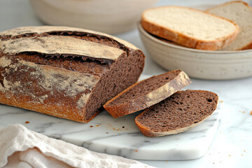 Richly textured dark rye bread sliced and presented on a marble surface with accompanying light...