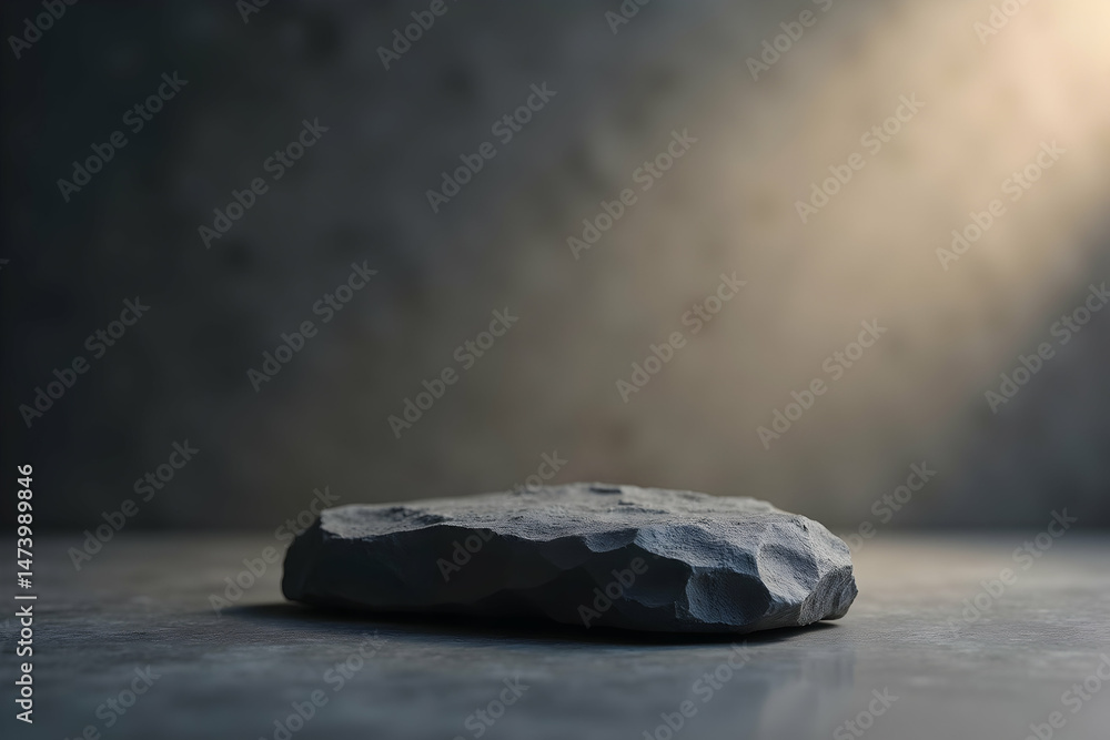 Poster serene minimalist presentation, a smooth grey rocky slab in a studio setting emphasizing texture and