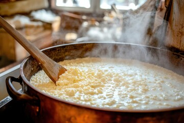 Traditional cheese-making process with steam rising from a copper pot filled with curds in a rural farmhouse kitchen, reflecting slow food and artisanal dairy culture. Homemade rural dairy production.