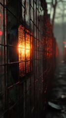 Illuminated urban barrier with a fiery glow symbolizing confinement in the dim cityscape