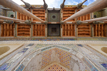 Bolo Hauz Mosque. A worm eye view of wooden rooftop details, beautiful architecture of the  Bolo Hauz Mosque, which is one of the popular historical tourist attractions in Bukhara, Uzbekistan
