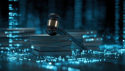Gavel rests on documents in digital courtroom setting