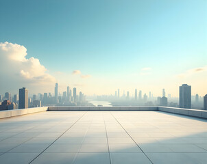 Serene rooftop vista overlooking a cityscape, capturing the essence of urban life and the architectural beauty of the skyline against a clear, tranquil sky