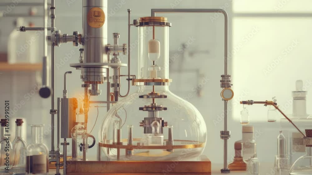 Poster a science laboratory setting with many glass bottles and equipment