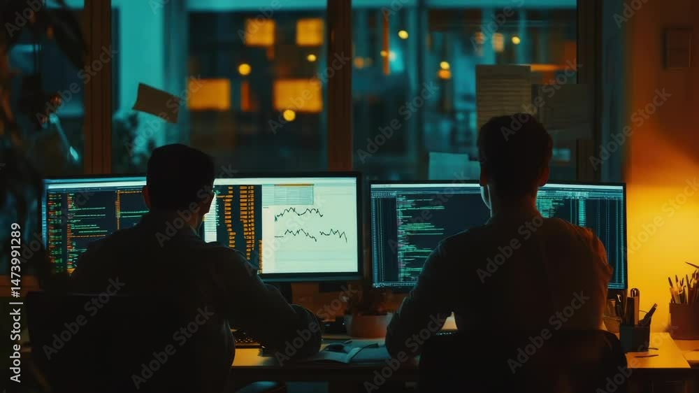 Poster two professionals working together on multiple computer screens, ideal for office or business settin
