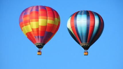 Naklejka premium Two Colorful Hot Air Balloons Soaring Through a Vivid Blue Sky