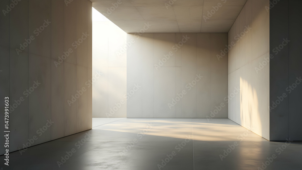 Poster serene space, minimalist architecture with soft white light creating a calm and contemplative atmosp