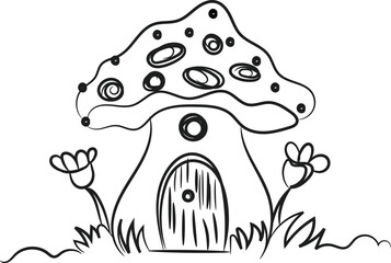 Charming Black and White Illustration of a Mushroom House with Flowers
