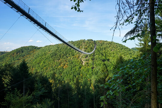 Geierlay suspension bridge in Germany photographed from below