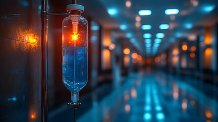 IV bag hangs in a dimly lit hospital corridor, glowing faintly.  The background is blurred, showcasing a long hallway with warm and cool lighting