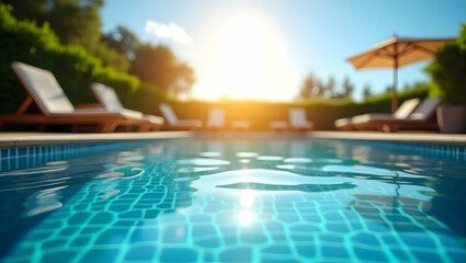 Serene Swimming Pool Scene Bathed in Golden Sunlight, A Tranquil Oasis of Relaxation and Leisure on a Warm Summer Day, inviting viewers to dive into its refreshing waters