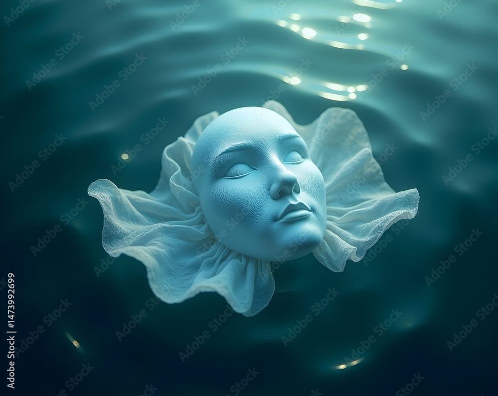 Poster serene underwater visage a delicate translucent mask sheet adorned with intricate ruffles creates an
