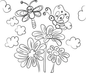 Cute Cartoon Butterflies and Flowers Coloring Page Illustration
