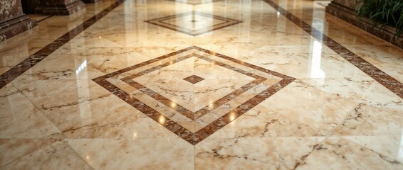 Polished marble tiles in warm sunlight interior hall