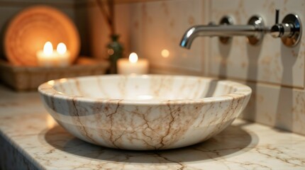 Elegant marble bathroom sink with soft candlelight ambiance
