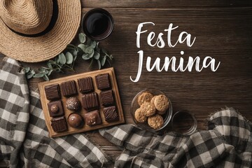 Layout with straw hat, sweet treats and checkered fabric, rustic wood background, text "Festa Junina"