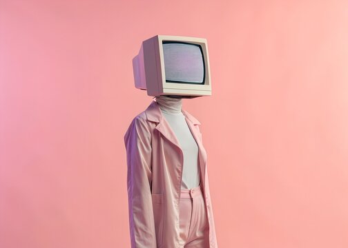 Futuristic figure with retro monitor head, standing against a soft pink background, symbolizing technology and identity.