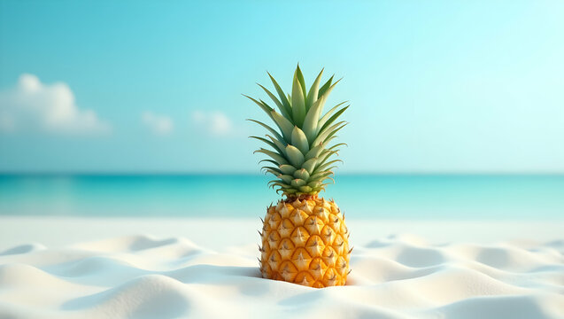 Serenely Illuminated Pineapple on a Sandy Beach, A Vibrant, Ripe Fruit Against a Tranquil Seascape, Evoking a Sense of Tropical Paradise and Refreshment