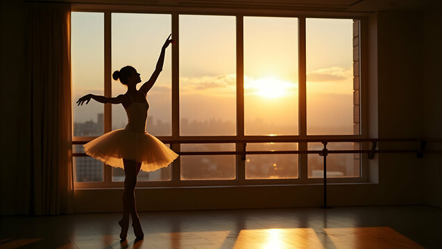Silhouette of a ballerina gracefully dancing in a studio bathed in the warm glow of the setting sun, creating a serene and inspiring atmosphere, evoking dreams