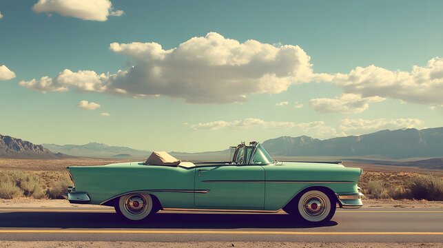 A convertible classic car cruising Route 66, no text or logos