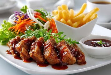 Fototapeta premium Delicious Fried Chicken with Barbecue Sauce Served with Fresh Salad and Crispy French Fries on a White Plate in a Restaurant Setting