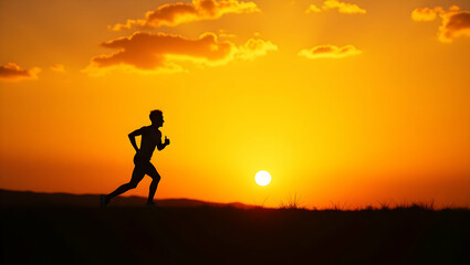 Silhouette of a runner training at sunset, captured in a vibrant landscape emphasizing fitness, endurance and the motivation to achieve personal goals through outdoor exercise