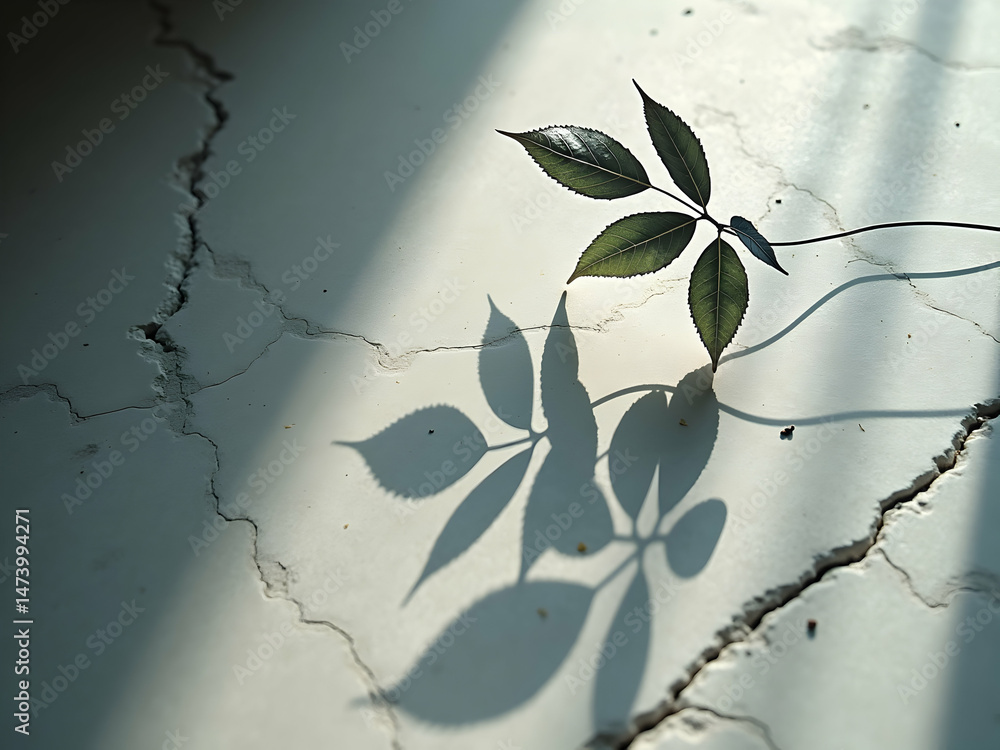 Aufkleber silhouetted leaves with intricate veins casting shadows on a cracked surface, creating a delicate an