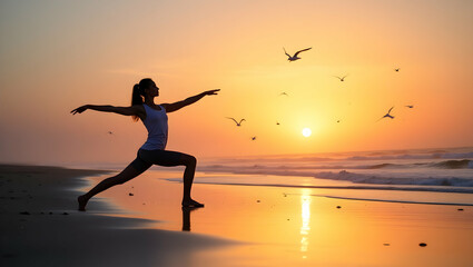 Silhouette of a Woman in Warrior Pose at Sunrise on the Beach, Embracing Serenity and Strength through Yoga and Nature's Golden Hour in a Picturesque Coastal Setting